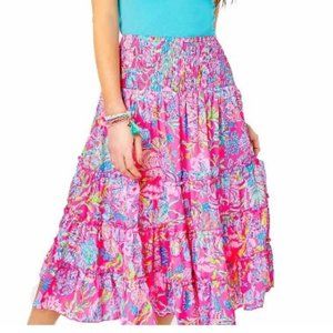 Lilly Pulitzer Midi Skirt Deavan Sz LG Pink Isle Shell Me Something Good